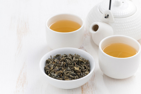 茶杯和茶壶配香绿茶图片