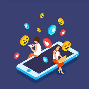 在社交媒体网站上聊天或约会的智能手机,女孩和男孩的等距插图照片