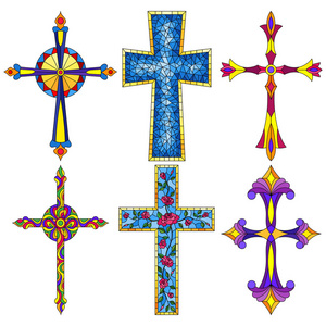 彩色玻璃风格的插图与基督教十字集