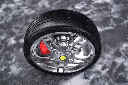 汽车车轮, 汽车轮胎站在路上。概念冬季轮胎。冬季轮胎与下雪的背景。汽车轮胎上有一张光盘站在路上。3d 插图