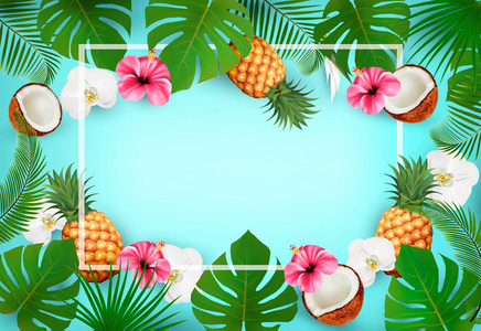 夏季热带背景与异国情调的棕榈叶和花朵和椰子。向量