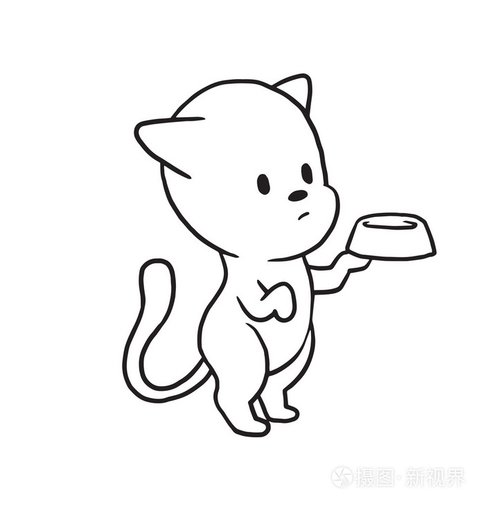可爱的小猫乞求食物与碗单色风格插画-正版商用图片0rvh4e-摄图新视界