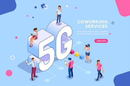 互联网系统电信服务。Wifi 广播和数据生成。手机5g 智能手机信号, 速度技术, 全球广播云。具有字符图示的等距概念