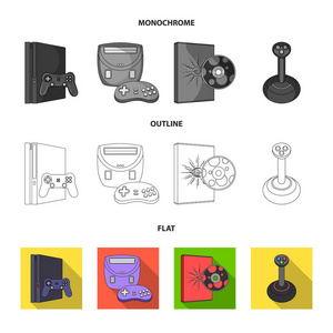 游戏控制台, 操纵杆和圆盘平, 轮廓, 单色图标在集合中进行设计。游戏小工具矢量符号股票 web 插图