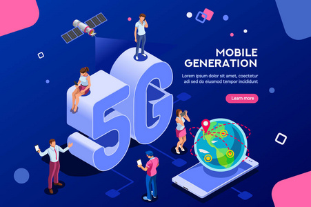 互联网系统电信服务。Wifi 广播和数据生成。手机5g 智能手机信号, 速度技术, 全球广播云。具有字符图示的等距概念