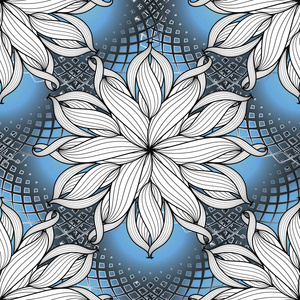 蓝色条纹几何背景.黑白相间的线条艺术花纹饰品.单色手画花.