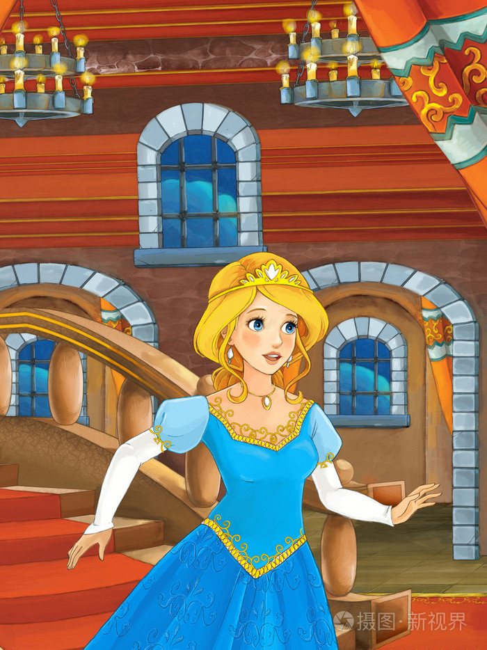 卡通场景与美丽公主出来的城堡-儿童插画
