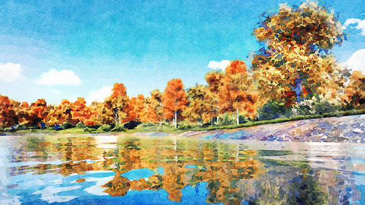 水彩画秋天风景与风景五颜六色的秋天树在森林湖或池塘的岸上在白天.