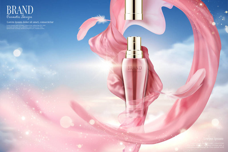 在3d 插图, 蓝天背景下, 粉红色的缎纹和羽毛的化妆品喷雾广告