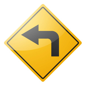 黄色路标, 箭头, 向左拐, 在白色背景上。分离