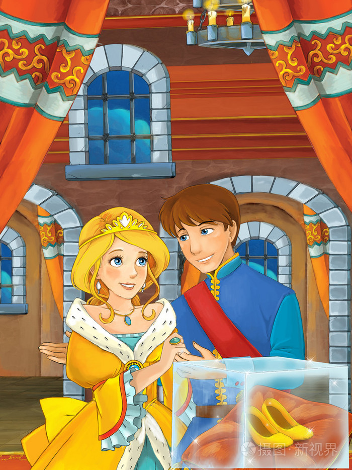 王子和公主在城堡大厅卡通快乐的场景