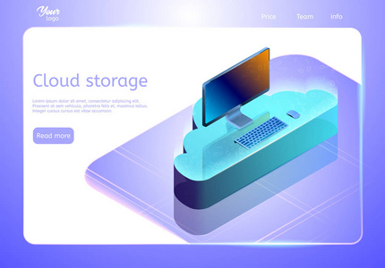 云数据存储概念。网页模板。显示云上个人计算机的等距向量图