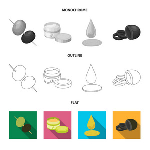 橄榄串。一块黑橄榄, 一罐奶油, 一滴油。橄榄集图标在平面, 轮廓, 单色风格矢量符号股票插画网站