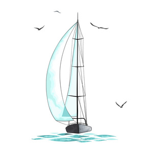 绿海鸥帆船在海上和海鸥照片