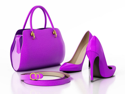紫色手袋, 鞋和皮带被隔离在白色背景。3d 插图