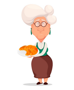 祖母戴眼镜。银色头发的祖母。卡通人物持有羊角面包板。白色背景上的矢量插图