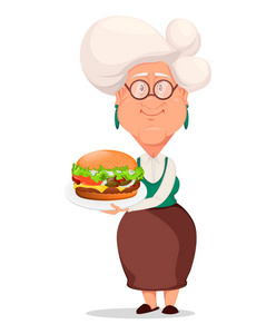 祖母戴眼镜。银色头发的祖母。卡通人物藏品板与大可口的汉堡包。白色背景上的矢量插图