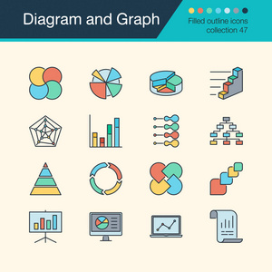 图和图形图标。填充轮廓设计集合57。用于演示平面设计移动应用网页设计图表。矢量插图