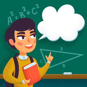 黑板与数学任务回到学校, 男孩学生站在粉笔板前与复制空间平面矢量