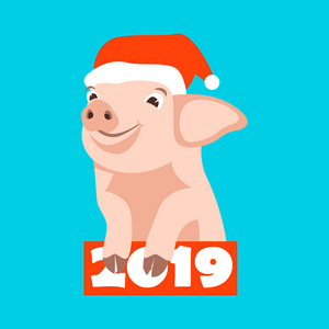猪在一顶帽子圣诞老人矢量插画平面样式