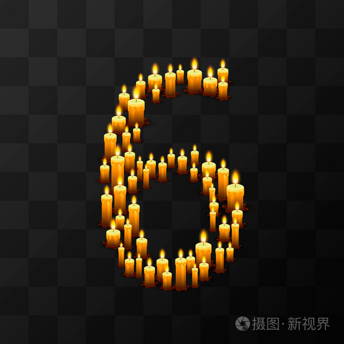 磨难数字 6 的蜡烛,透明背景,模板设计元素,矢量图