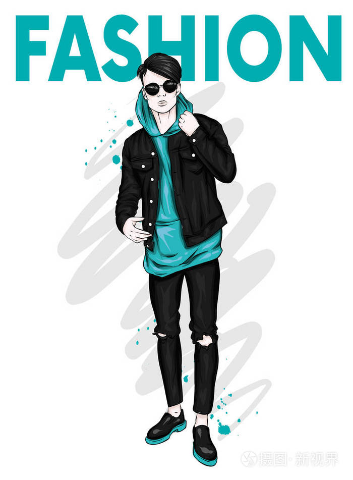 在时髦的衣服的帅哥.赶时髦的人.矢量图