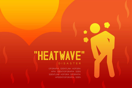 口渴人的热浪灾害图标象形文字设计图表插图在橙色红色渐变背景上隔离, 具有复制空间