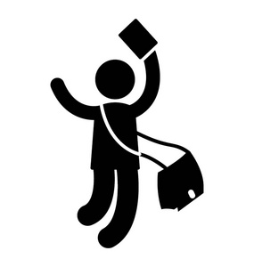 男孩跳跃与袋子和书象征快乐学生图标