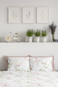 在书架上, 用鲜花植物和自行车的枕头特写, 墙上的图形在明亮的卧室内部。真实照片