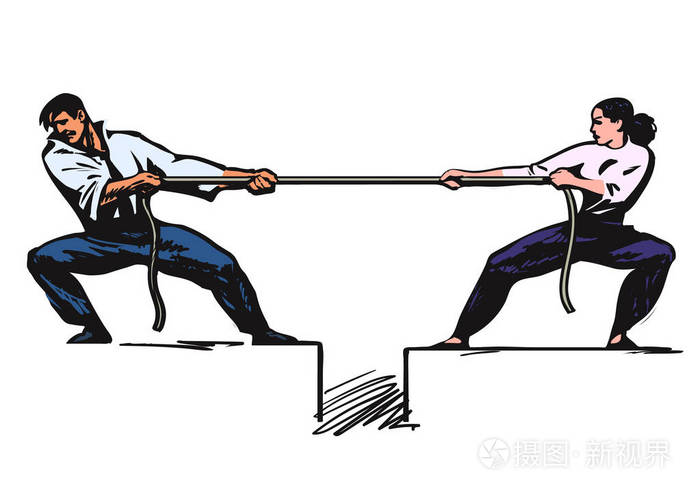 拔河.男人和女人在拉绳子.向量
