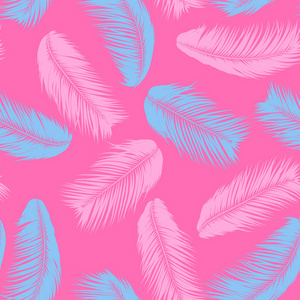 羽毛无缝图案。热带背景。在柔和的色彩设计的丛林树叶。抽象异国情调的墙纸与棕榈叶。用于设计布料布料纺织品的粉红色羽毛。Eps