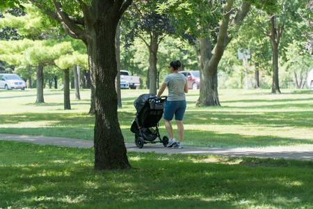 年轻母亲步行婴儿推车通过自然小径公园在一个美丽的夏日锻炼和放松