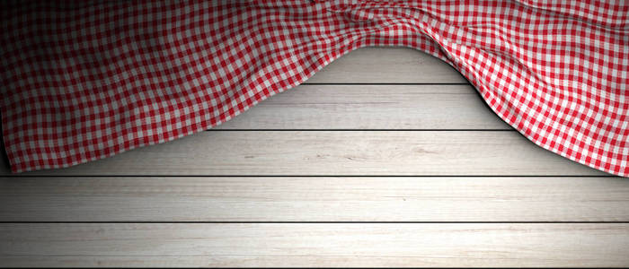 红色和白色方格花纹野餐桌布上白色木质背景, 复制空间。3d 插图