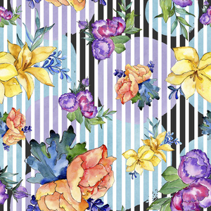 水彩五颜六色的花束花。花卉植物花。无缝的背景图案。织物墙纸打印纹理。水彩画野花为背景, 纹理, 包装图案, 边框