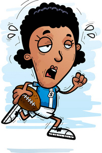 一个黑人女子足球运动员运行和看起来筋疲力尽的卡通插图