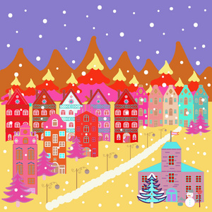 带房子的圣诞贺卡。新年快乐。可爱的建筑, 紫色, 黄色, 粉红色和橙色的颜色。矢量插图