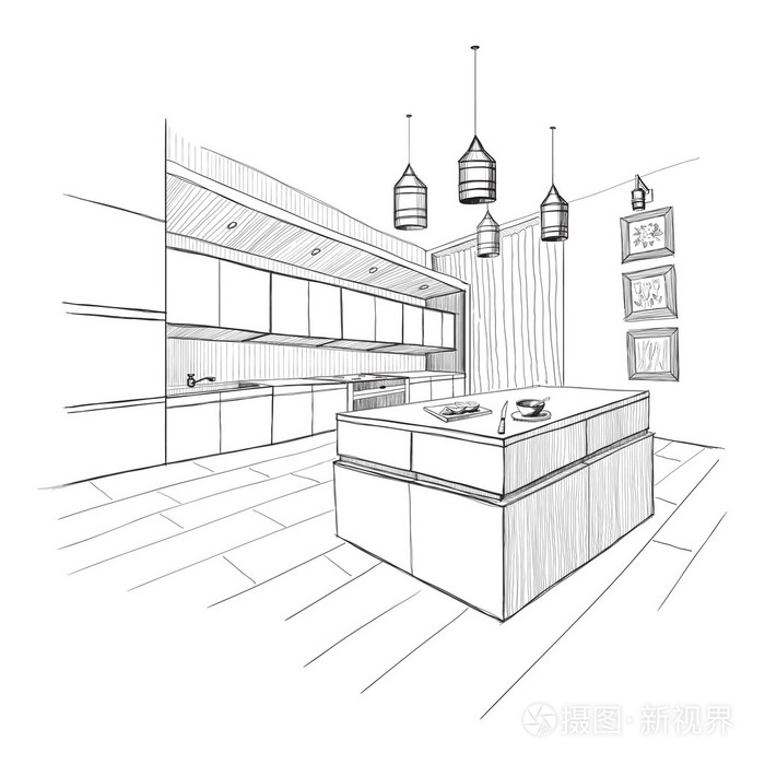 现代厨房与岛屿的内部剪影