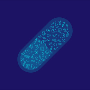 胶囊形状轮廓的医学与设备图示笔画设置虚线设计插图在深蓝色背景下隔离