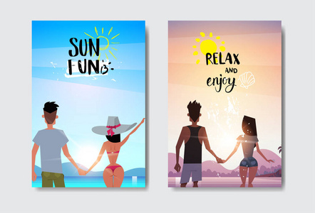 设置男人女人夫妇牵着手看日出日落海滩后景色夏季假期设计标识模板邀请贺卡打印和海报刻字