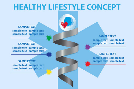 金属螺旋六指向蓝色十字架显示五步为健康生活