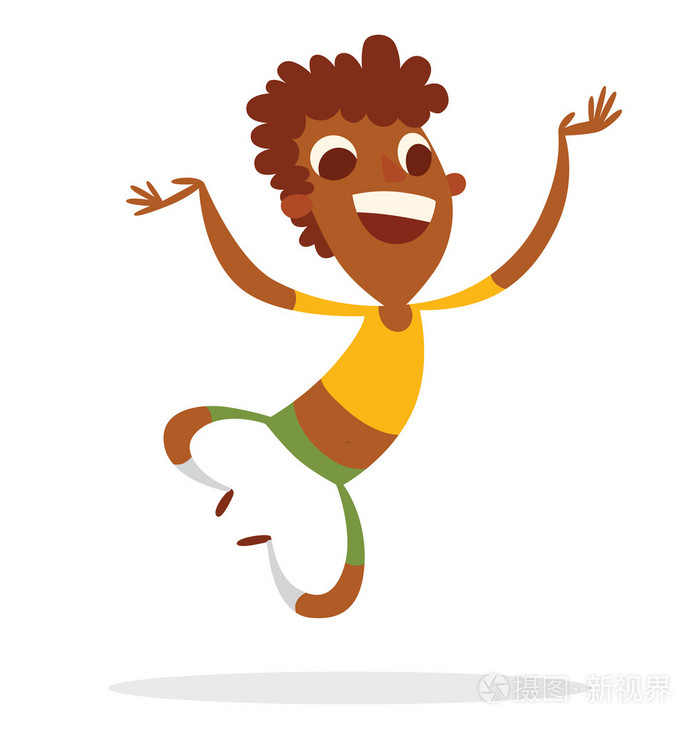 有趣的黑人男孩跳跃和微笑