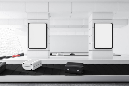灰色, 白色和粉红色的手提箱在机场传送带在白色墙壁房间与两个海报在墙壁上。3d 渲染模拟