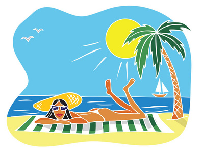 一个女人在帽子上的插图躺在海滩附近的棕榈树上的毛巾