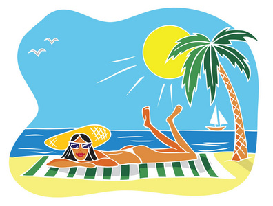 一个女人在帽子上的插图躺在海滩附近的棕榈树上的毛巾照片