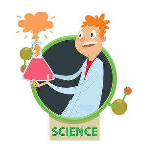 粉红色化学物质的圆框男科学家照片