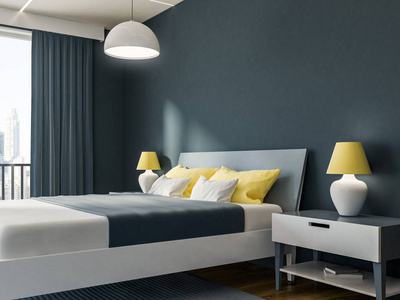 现代卧室的一角, 有灰色的墙壁, 一层木地板, 一张双人床和两个床头台灯。阁楼窗口。3d 渲染模拟
