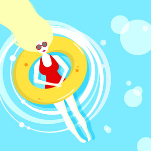 穿着泳装的女人躺在阳光下的游泳池里, 救生圈, 放松。矢量插图。平面设计