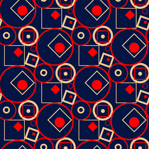 几何蓝色无缝图案.红色和米色印刷品为墙纸,纺织品和织品照片