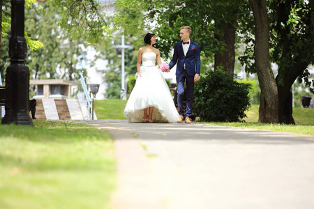 新娘和新郎在户外散步盆栽公园图片