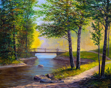 油画风景，多姿多彩的夏天森林，美丽的河，有一座桥
